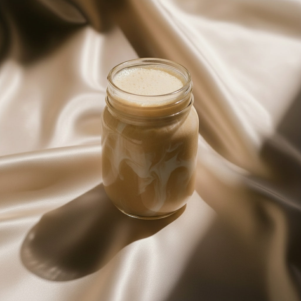 Lucuma collagen smoothie in a glass with banana and oat milk