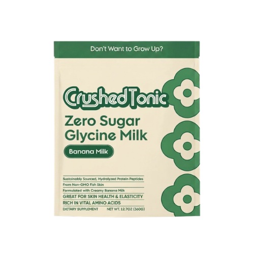 Crushed Tonic Grass-Fed Collagen banana milk package with green floral design.