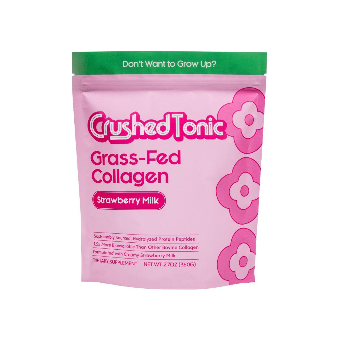 Crushed Tonic Grass-Fed Collagen banana milk package with green floral design.