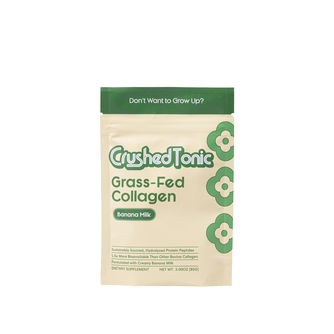Crushed Tonic Grass-Fed Collagen banana milk package with green floral design.