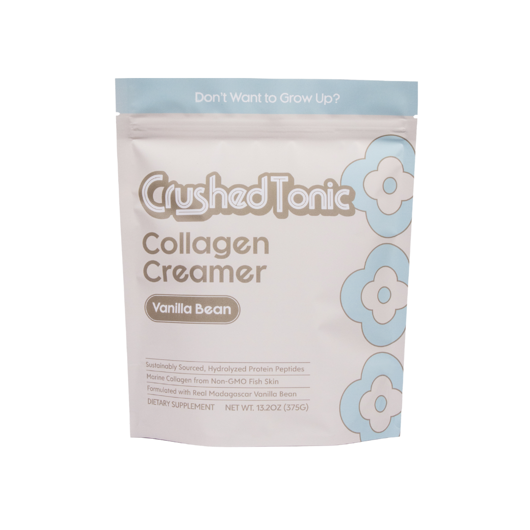 Crushed Tonic Grass-Fed Collagen banana milk package with green floral design.