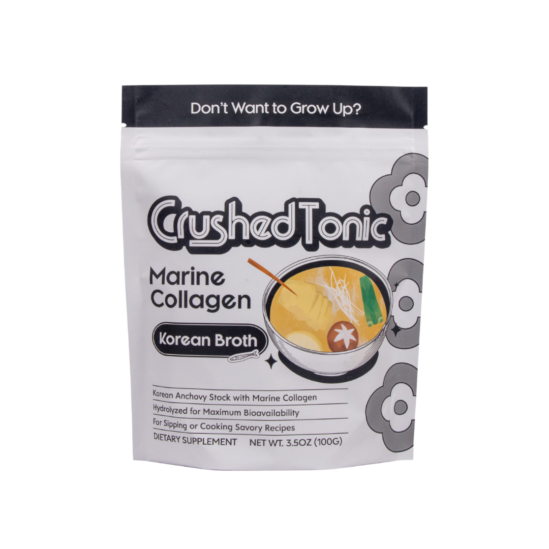 Crushed Tonic Grass-Fed Collagen banana milk package with green floral design.