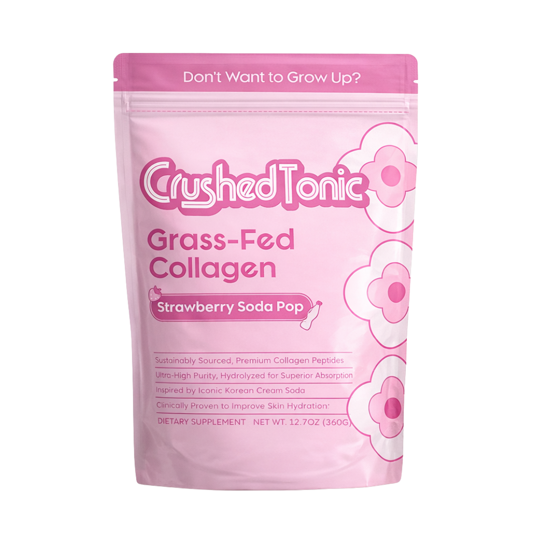 Crushed Tonic Grass-Fed Collagen banana milk package with green floral design.