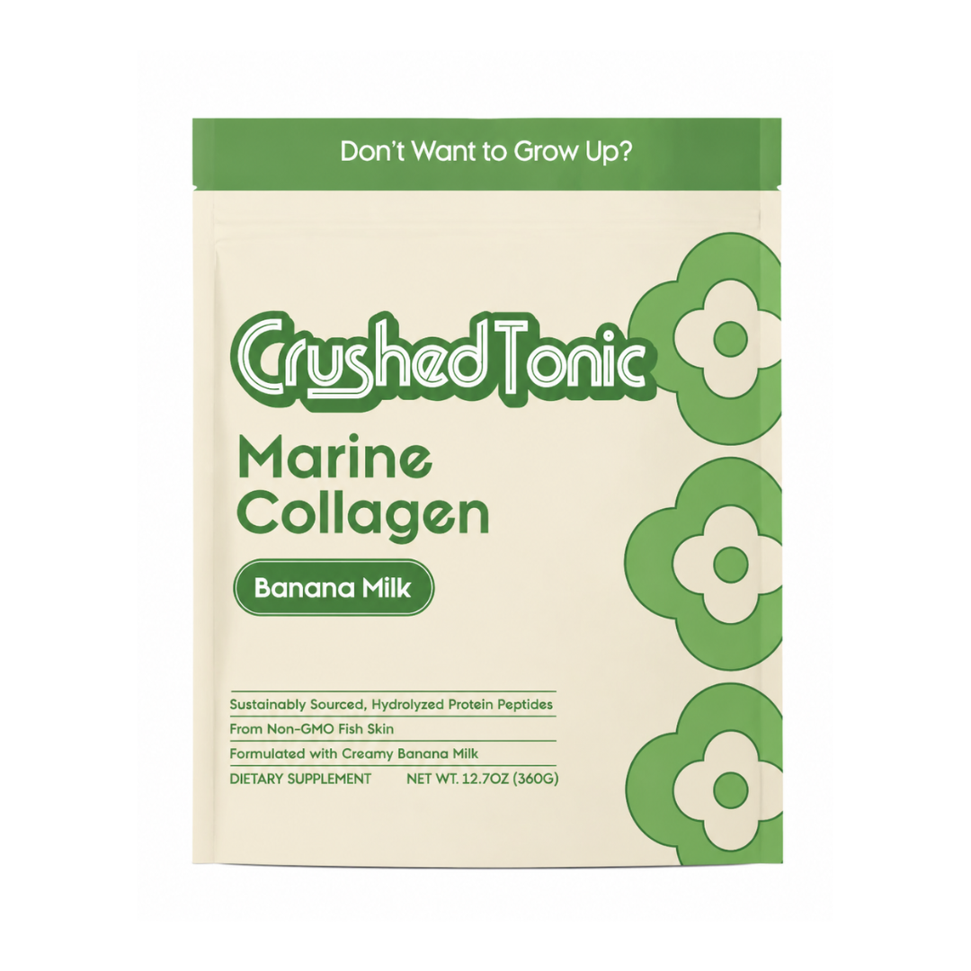 Crushed Tonic Grass-Fed Collagen banana milk package with green floral design.