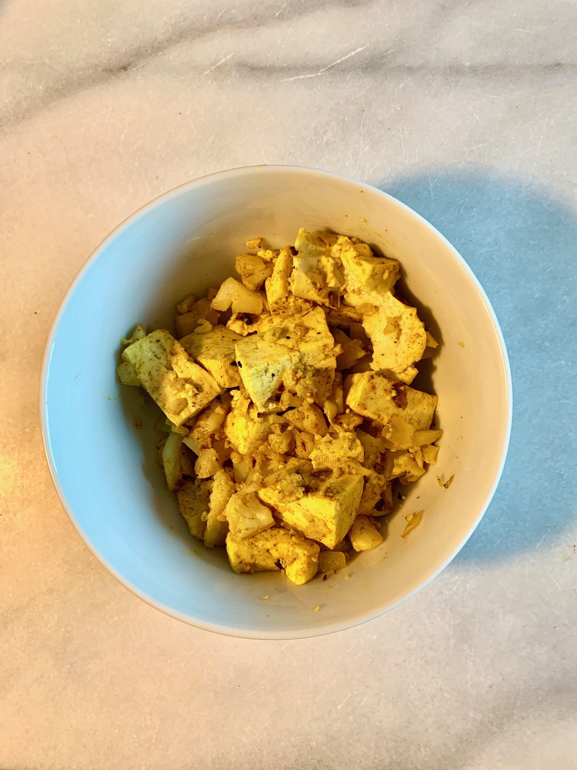 curry tofu stir fry + cauliflower rice with turmeric crush