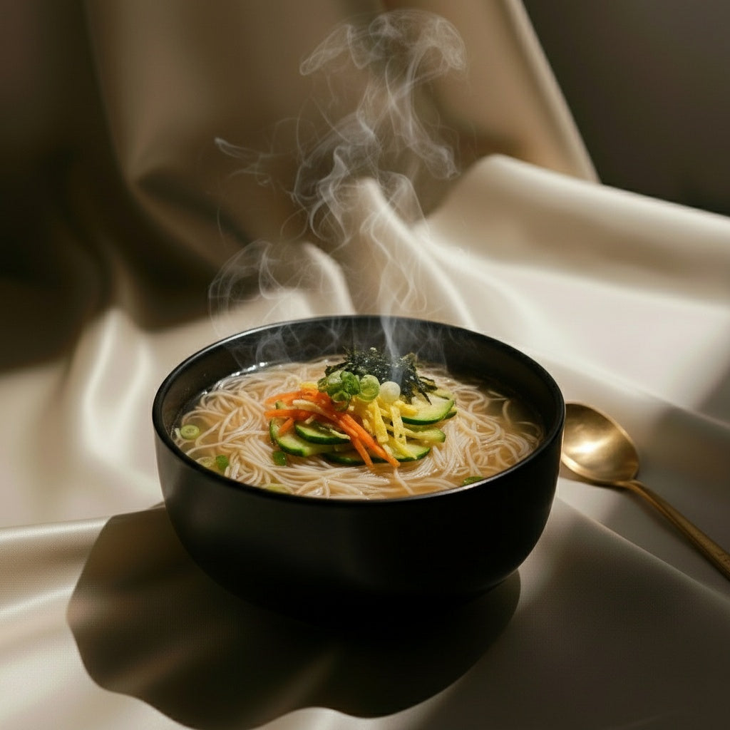 Janchi guksu (Korean wedding noodles) with egg ribbons and cucumber in clear broth