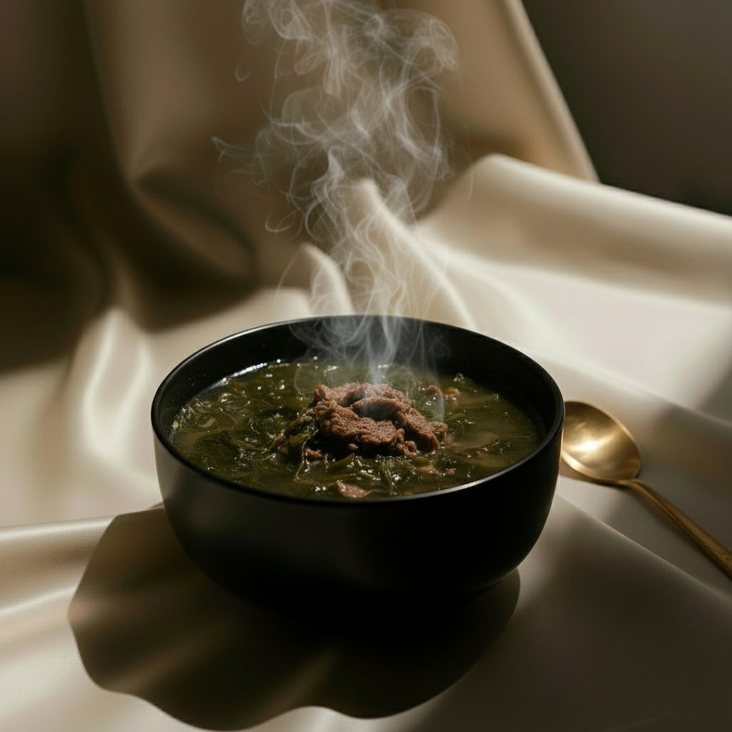 Miyeokguk seaweed soup in a ceramic bowl with sesame seeds