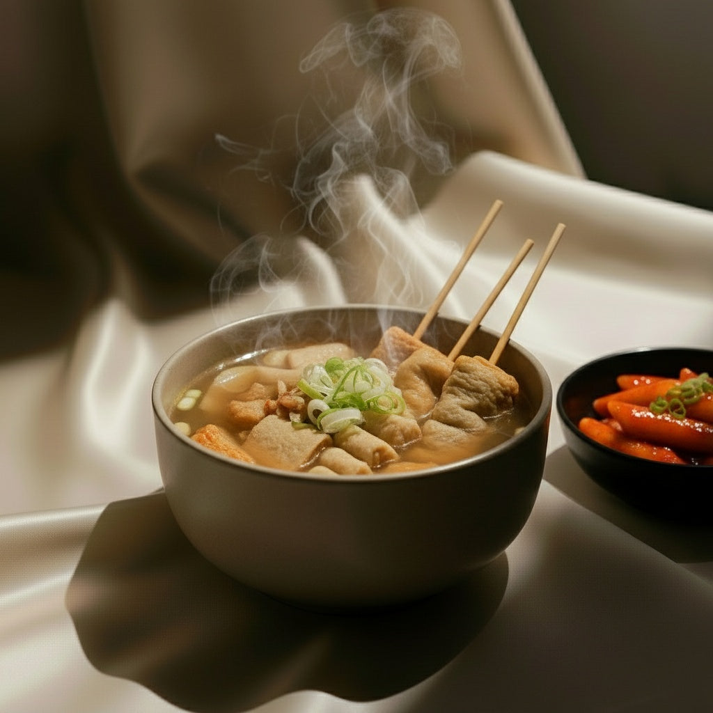 Korean fishcake soup simmering with radish and scallions