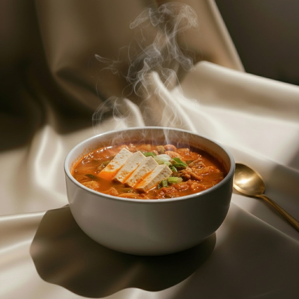 Kimchi jjigae with tofu in a stone pot, topped with scallions