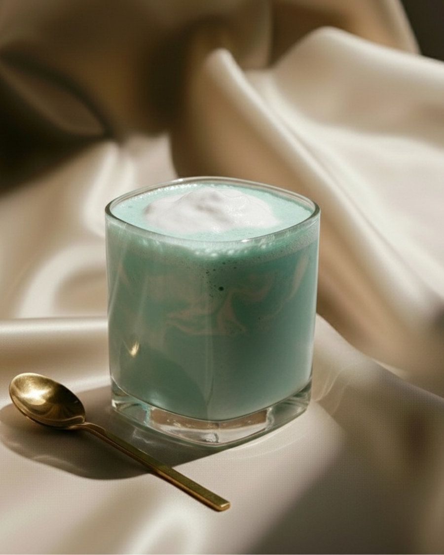 Pale blue butterfly pea collagen smoothie in a square glass with a white foam cap and a gold spoon beside it