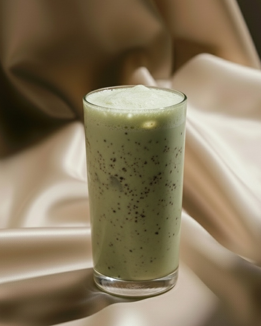 Pale green mint chip collagen smoothie in a tall glass, flecked through with cacao nibs under a light foam