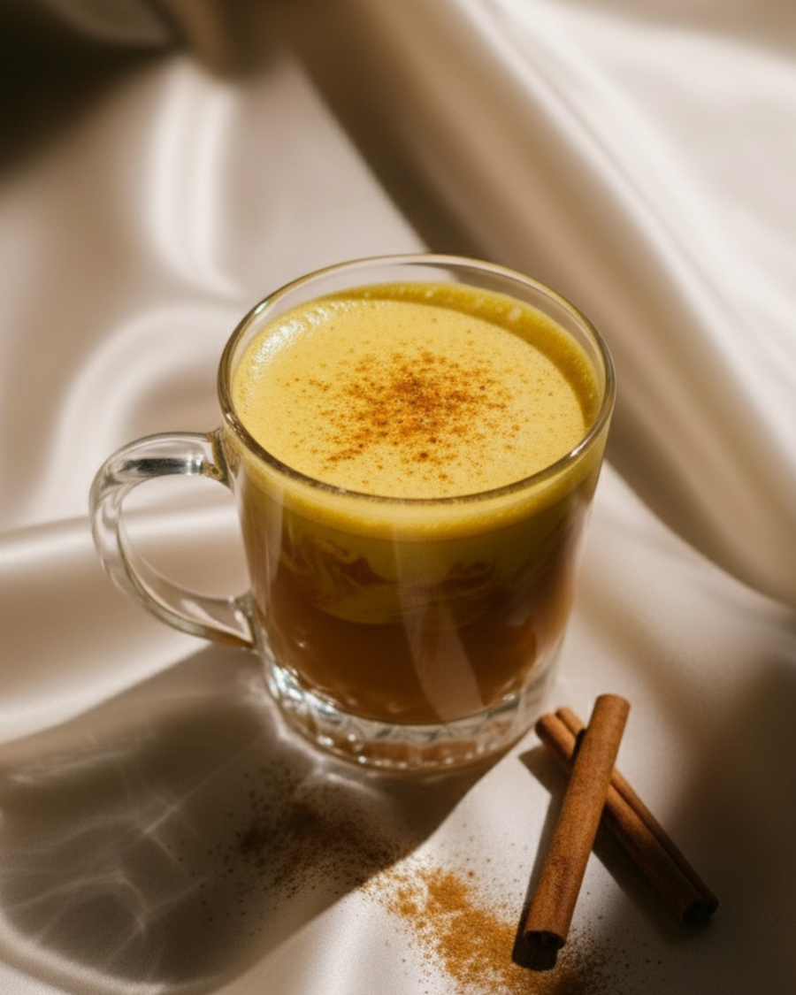 Golden turmeric and pumpkin collagen latte in a glass mug with a thick foam cap dusted with nutmeg, cinnamon sticks beside it