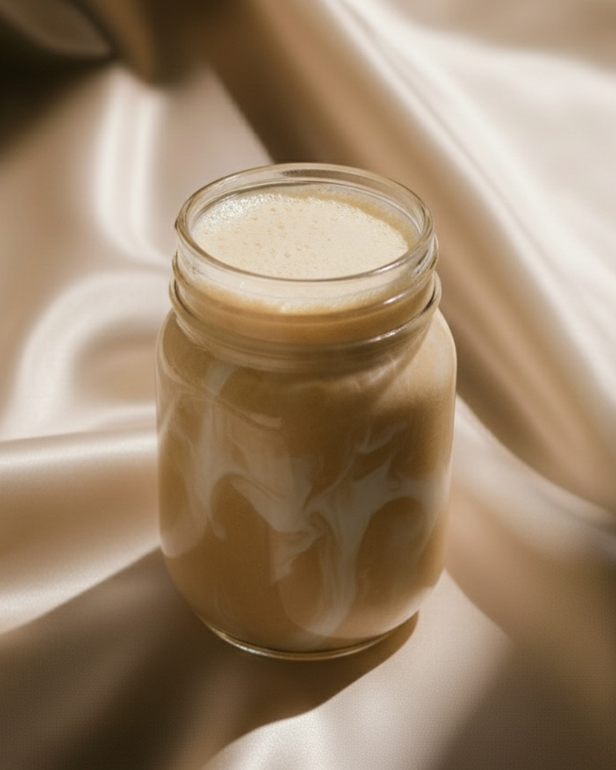 Lucuma collagen smoothie in a mason jar, caramel coloured and swirled with cream under a light foam