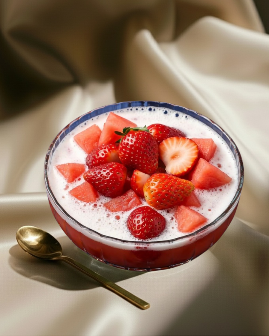 Korean watermelon hwachae in a blue rimmed glass bowl, pale pink milk crowded with watermelon chunks and whole strawberries
