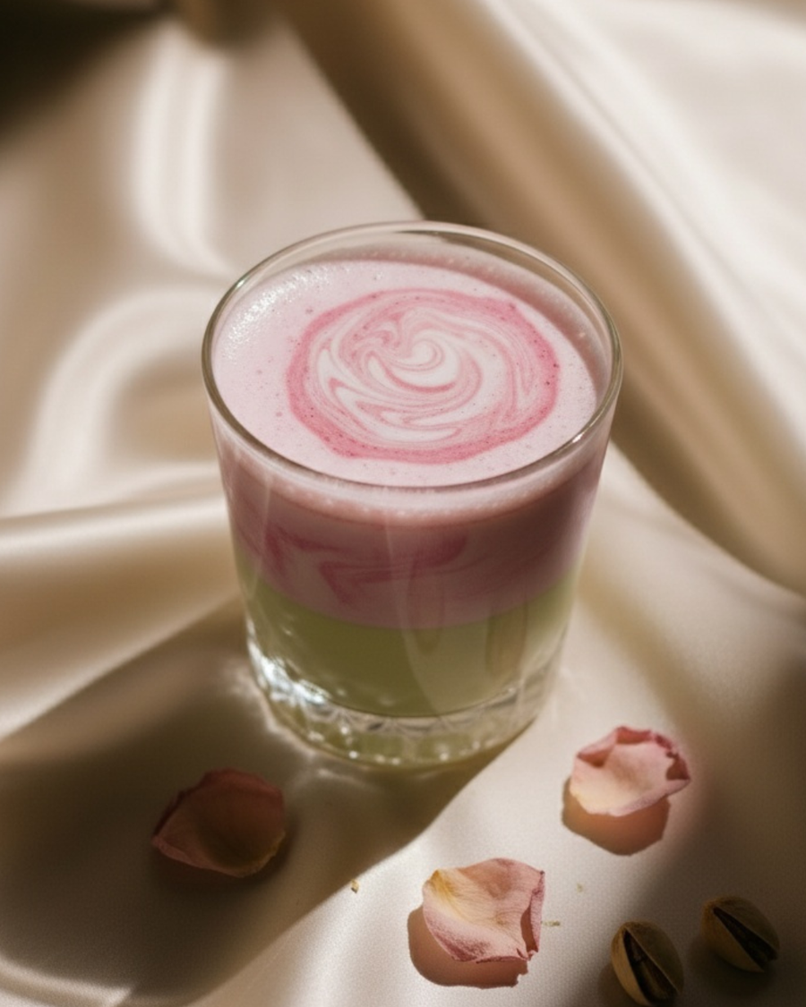 Rose pistachio latte in a short glass, pink rosette swirled into white foam over a green pistachio layer, with rose petals and pistachios beside it
