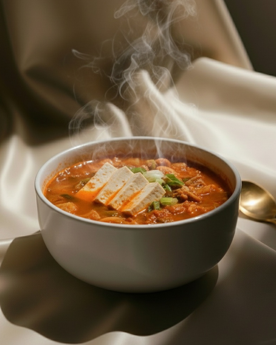 Bubbling kimchi jjigae in a white bowl with sliced tofu, scallion and a gold spoon