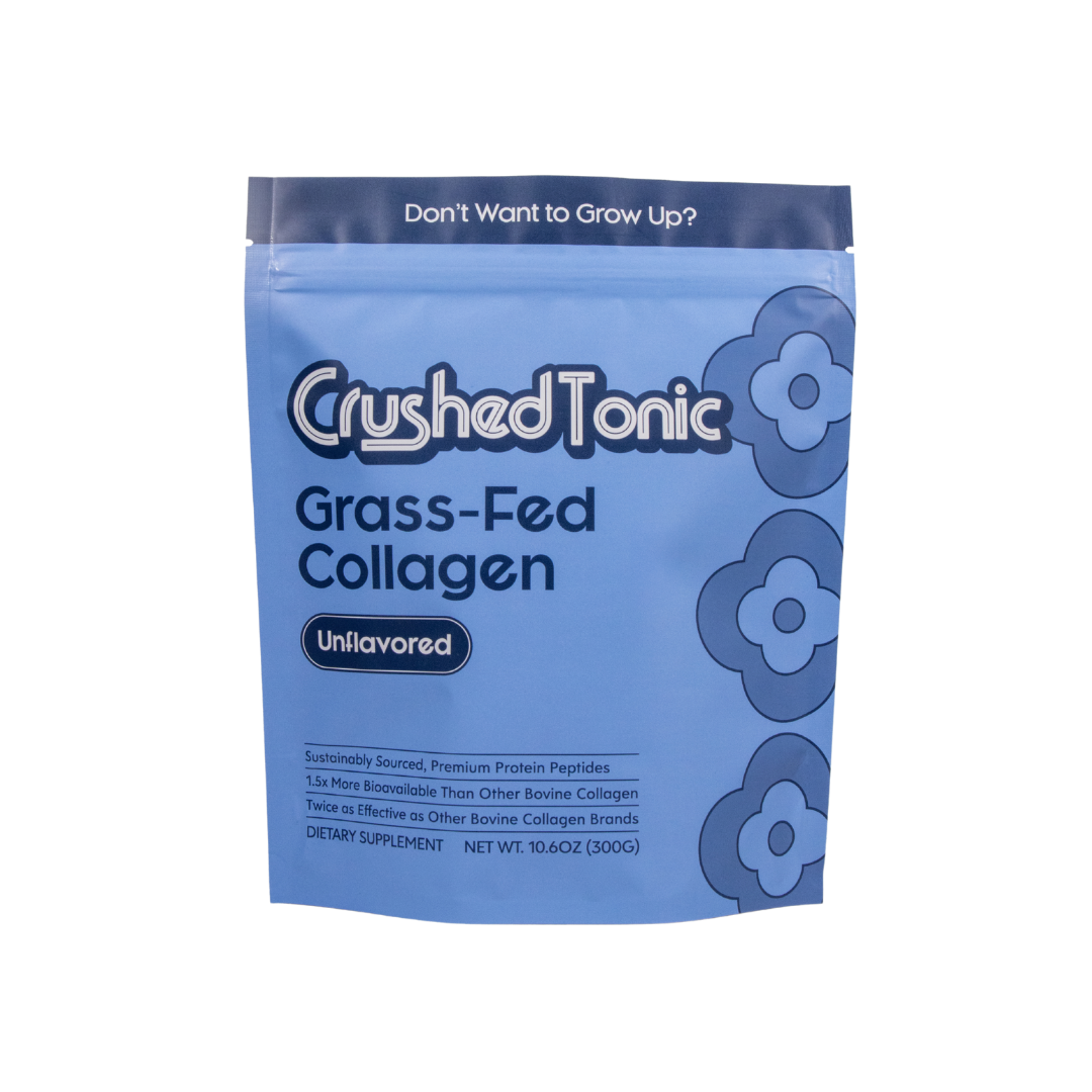 Crushed Tonic Grass-Fed Collagen banana milk package with green floral design.