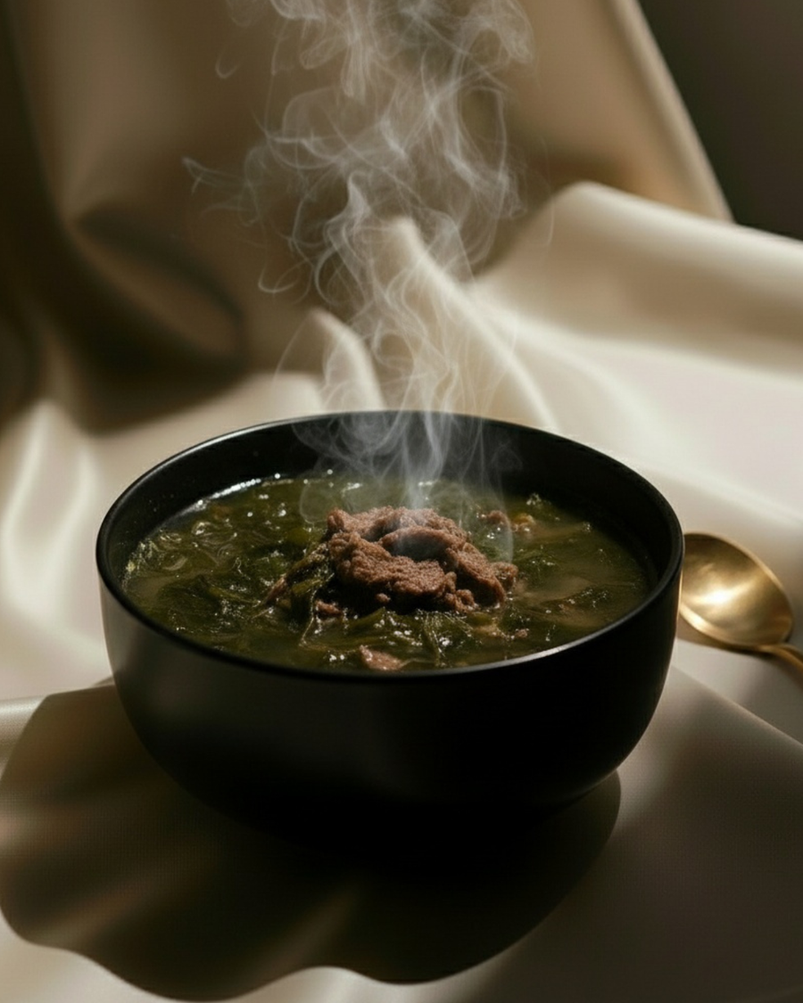 Steaming Korean seaweed and sesame soup in a black bowl with a gold spoon