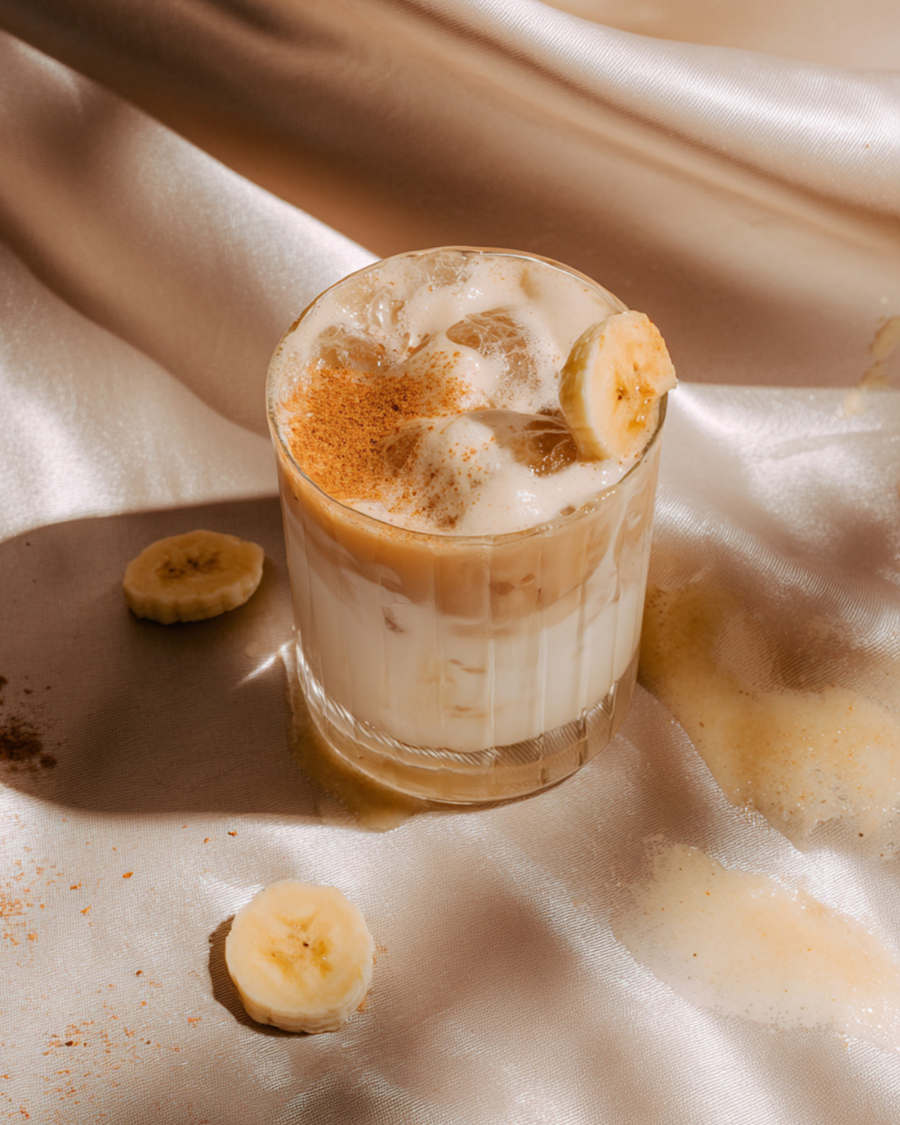 Iced banana bread collagen latte in a fluted glass, cream and caramel layers with cinnamon over the foam and a banana slice on the rim
