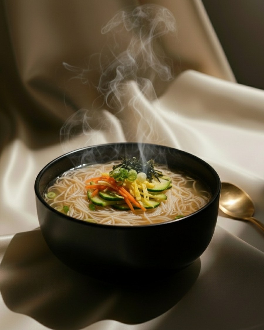 Korean wedding noodles in a black bowl, somyeon in clear broth topped with egg ribbons, cucumber, carrot and gim