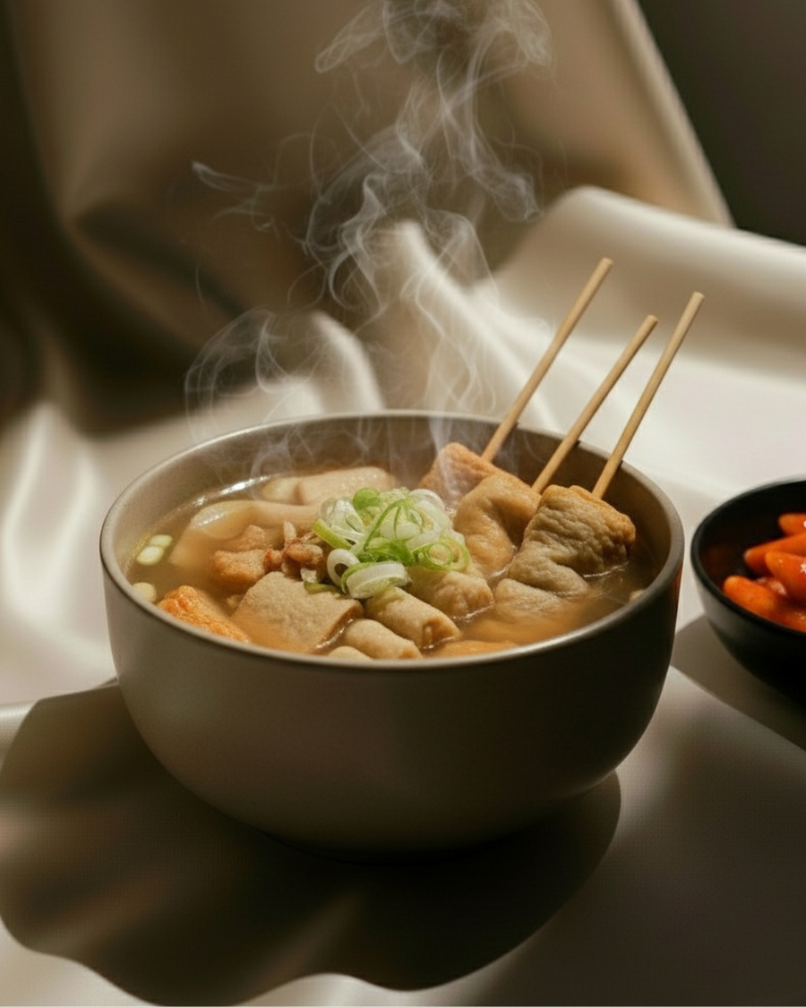 Korean odeng fishcake soup in a stone bowl with skewered fish cakes, radish and sliced scallion, tteokbokki in a dish behind