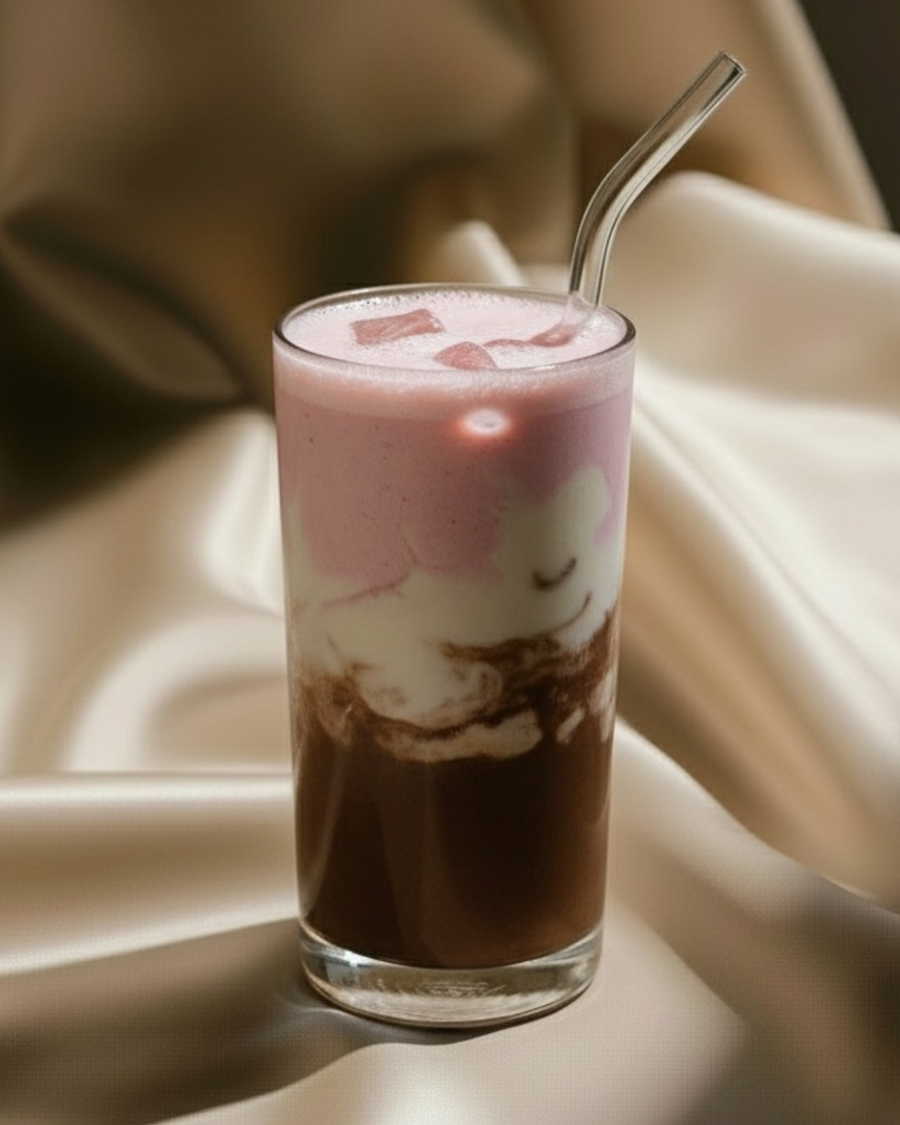 Neapolitan collagen smoothie in a tall glass, chocolate at the base swirling up through vanilla into a pink strawberry top, with a glass straw