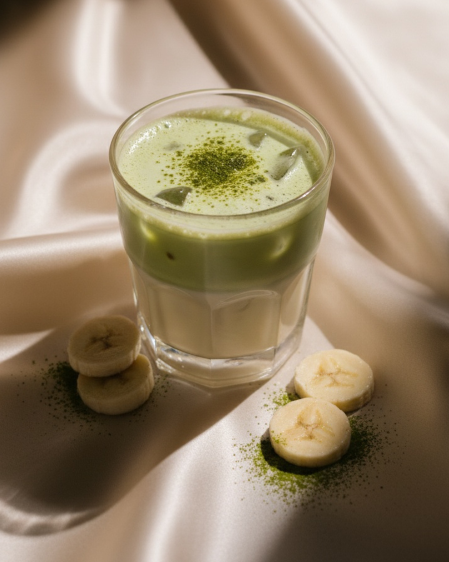 Iced banana matcha latte in a short glass, pale banana layer under green matcha, with banana slices and matcha dusted alongside