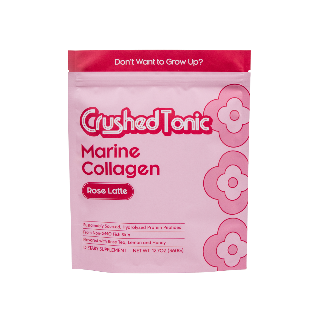 Crushed Tonic Grass-Fed Collagen banana milk package with green floral design.