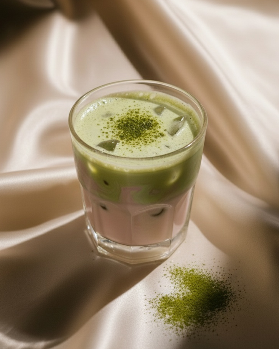 Iced strawberry matcha latte in a short glass, soft pink base beneath a matcha cloud dusted with green matcha