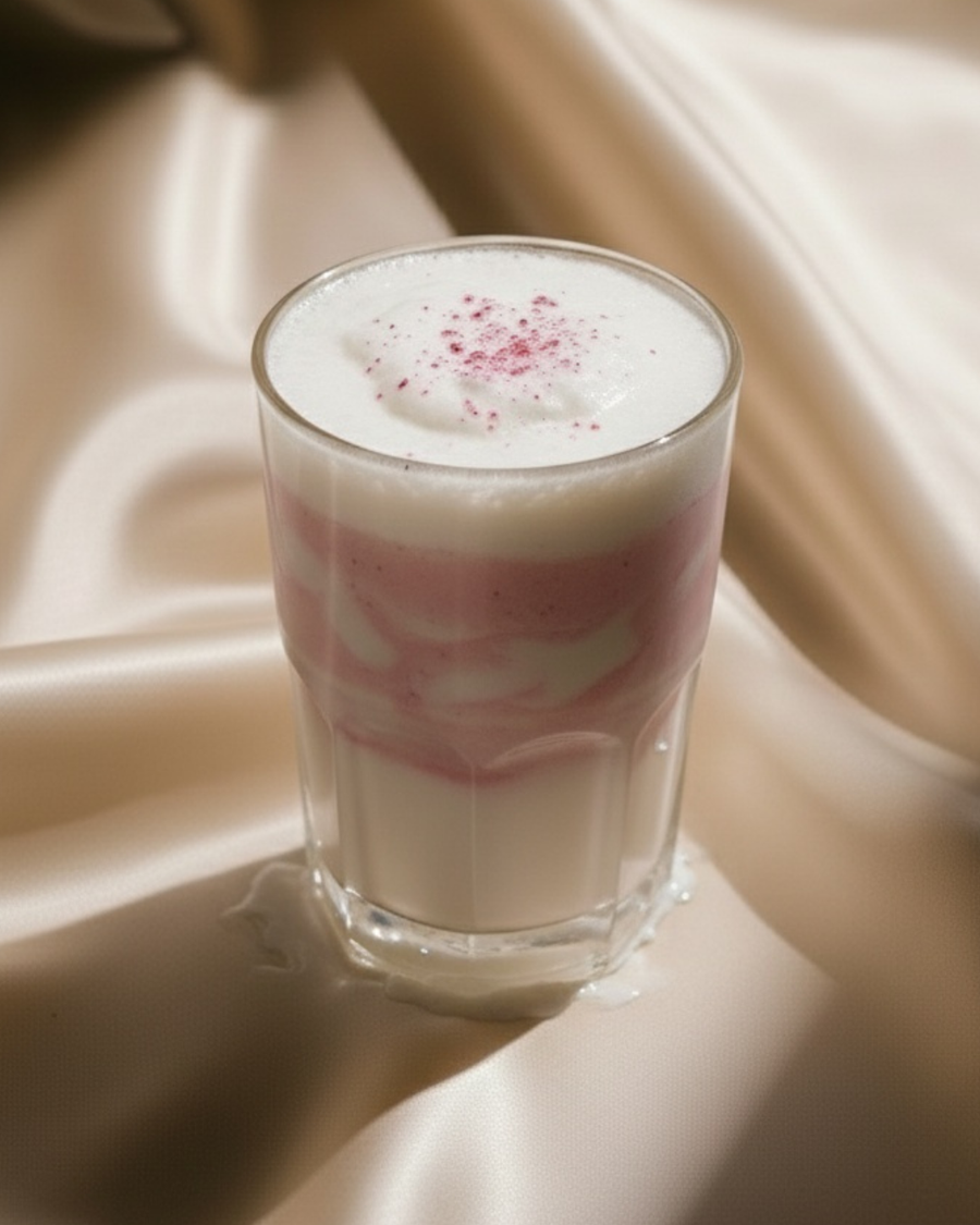 Strawberry coconut collagen shake in a tall glass, pink swirls under a thick white foam cap dusted with freeze-dried strawberry